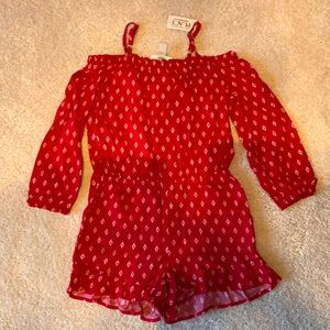 BNWT - red w/white detail off the shoulder girl’s romper with 3/4 length sleeves